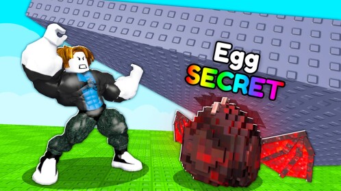 Muscular blocky character flexing beside a dark red winged egg in Lift Rock For Eggs